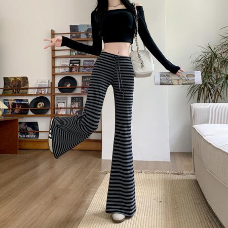 美式休闲撞色条纹微喇针织裤抽绳显瘦运动居家瑜伽长裤  服裝批發女裝批發服飾貨源