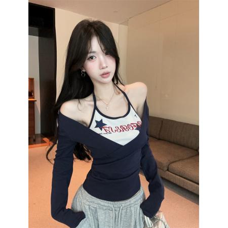 美式假两件印花撞色长袖挂脖T恤女春季新款显瘦辣妹上衣  服裝批發女裝批發服飾貨源