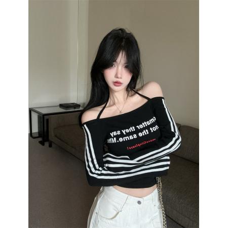 性感辣妹风字母印花长袖T恤春季修身显瘦一字肩挂脖上衣  服裝批發女裝批發服飾貨源