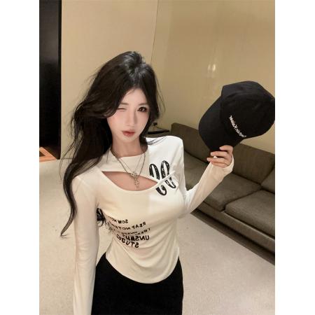 美式辣妹镂空漏锁骨长袖T恤女早春新款修身显瘦短款上衣  服裝批發女裝批發服飾貨源