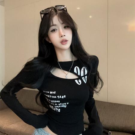 美式辣妹镂空漏锁骨长袖T恤女早春新款修身显瘦短款上衣  服裝批發女裝批發服飾貨源