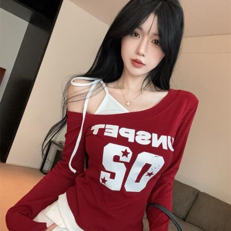美式高街设计感假两件单肩带斜肩上衣秋季拼接辣妹t恤  服裝批發女裝批發服飾貨源