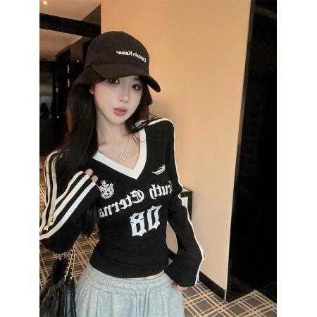 美式复古运动风T恤女早春新款长袖显瘦修身辣妹上衣潮  服裝批發女裝批發服飾貨源