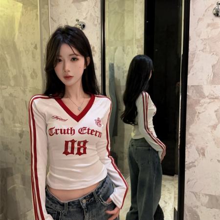 美式复古运动风T恤女早春新款长袖显瘦修身辣妹上衣潮  服裝批發女裝批發服飾貨源