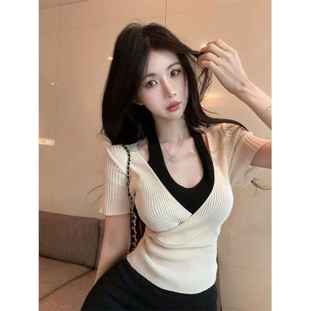 撞色假两件挂脖式百搭显瘦短袖针织上衣  服裝批發女裝批發服飾貨源
