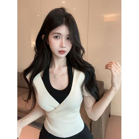 撞色假两件挂脖式百搭显瘦短袖针织上衣  服裝批發女裝批發服飾貨源