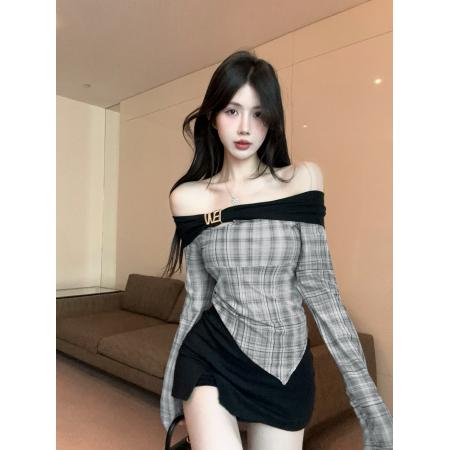 辣妹不规则格纹露肩修身上衣  服裝批發女裝批發服飾貨源