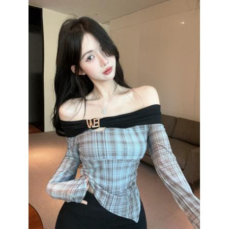 辣妹不规则格纹露肩修身上衣  服裝批發女裝批發服飾貨源