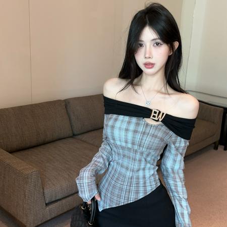 辣妹不规则格纹露肩修身上衣  服裝批發女裝批發服飾貨源