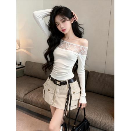 修身辣妹设计感烫钻工艺拼接蕾丝边露肩上衣  服裝批發女裝批發服飾貨源