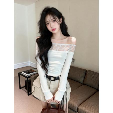 修身辣妹设计感烫钻工艺拼接蕾丝边露肩上衣  服裝批發女裝批發服飾貨源