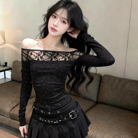 修身辣妹设计感烫钻工艺拼接蕾丝边露肩上衣  服裝批發女裝批發服飾貨源