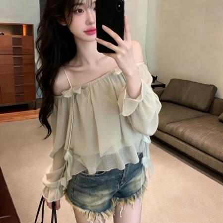 BY11037# 法式一字领露肩长袖荷叶边别致上衣  服裝批發女裝批發服飾貨源