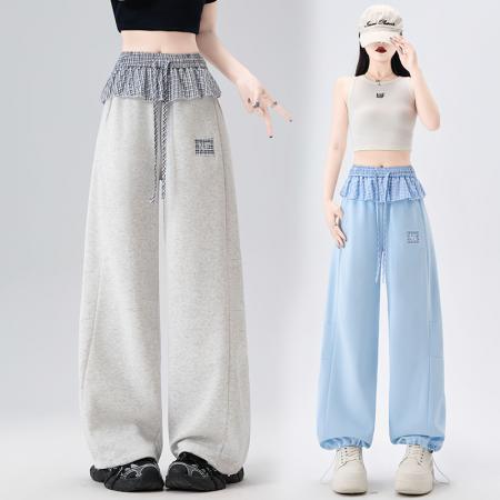 格子屁帘弯刀运动卫裤女春夏新款高腰显瘦宽松直筒阔腿裤  服裝批發女裝批發服飾貨源