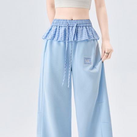 格子屁帘弯刀运动卫裤女春夏新款高腰显瘦宽松直筒阔腿裤  服裝批發女裝批發服飾貨源