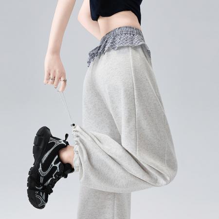 格子屁帘弯刀运动卫裤女春夏新款高腰显瘦宽松直筒阔腿裤  服裝批發女裝批發服飾貨源