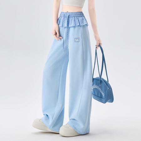 格子屁帘弯刀运动卫裤女春夏新款高腰显瘦宽松直筒阔腿裤  服裝批發女裝批發服飾貨源