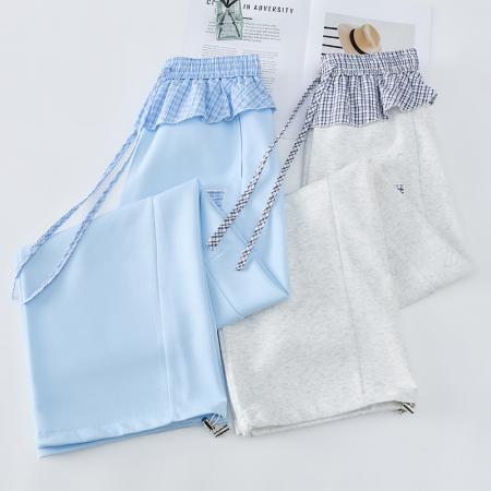 格子屁帘弯刀运动卫裤女春夏新款高腰显瘦宽松直筒阔腿裤  服裝批發女裝批發服飾貨源