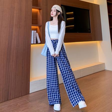 赵露思同款女宽松蓝色格子裤女春夏高腰阔腿裤垂感休闲直筒裤  服裝批發女裝批發服飾貨源