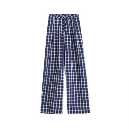 赵露思同款女宽松蓝色格子裤女春夏高腰阔腿裤垂感休闲直筒裤  服裝批發女裝批發服飾貨源