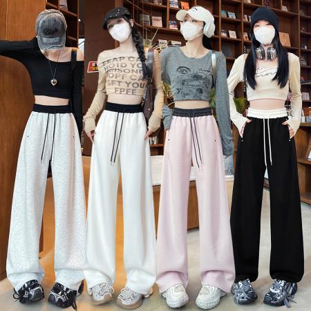 春秋新款美式撞色拼接卫裤女高腰设计感休闲长裤香蕉裤弯刀裤  服裝批發女裝批發服飾貨源