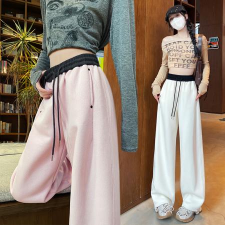 春秋新款美式撞色拼接卫裤女高腰设计感休闲长裤香蕉裤弯刀裤  服裝批發女裝批發服飾貨源