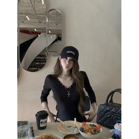 反叛因子美式复古V领修身长袖T恤女内搭打底衫上衣春  服裝批發女裝批發服飾貨源