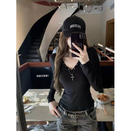 反叛因子美式复古V领修身长袖T恤女内搭打底衫上衣春  服裝批發女裝批發服飾貨源