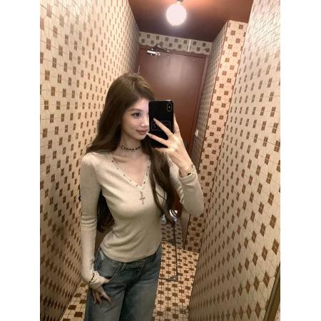 反叛因子美式复古V领修身长袖T恤女内搭打底衫上衣春  服裝批發女裝批發服飾貨源