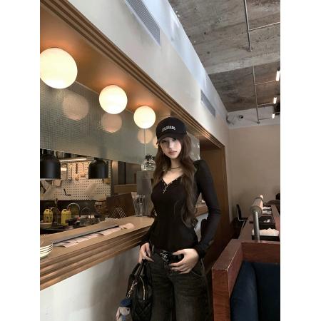 反叛因子美式复古V领修身长袖T恤女内搭打底衫上衣春  服裝批發女裝批發服飾貨源