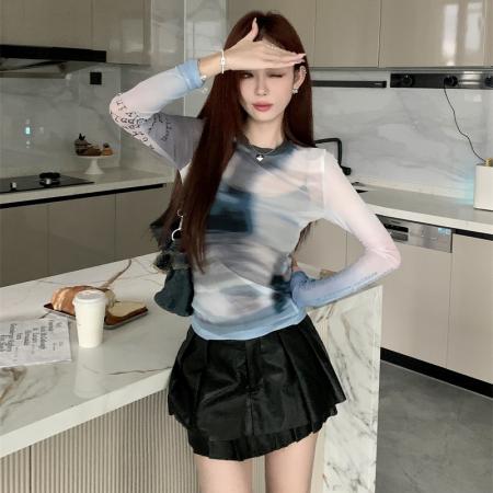 网纱短袖T恤女复古印花个性弹力舒适宽松圆领夏季上衣+吊带  服裝批發女裝批發服飾貨源