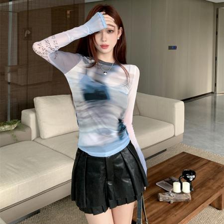 网纱短袖T恤女复古印花个性弹力舒适宽松圆领夏季上衣+吊带  服裝批發女裝批發服飾貨源