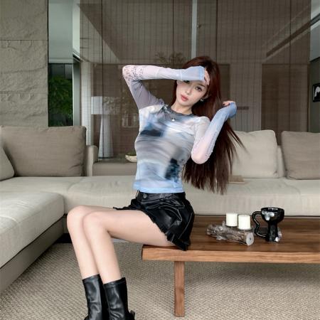 网纱短袖T恤女复古印花个性弹力舒适宽松圆领夏季上衣+吊带  服裝批發女裝批發服飾貨源