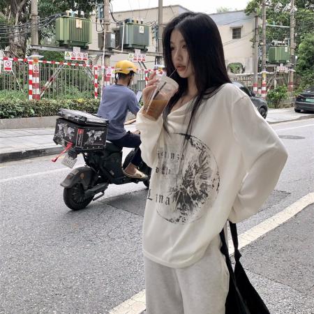 设计宽松不对称领口微透印花慵懒长袖防晒T恤  服裝批發女裝批發服飾貨源