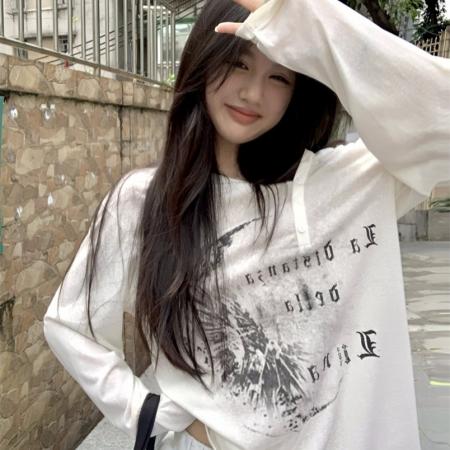 设计宽松不对称领口微透印花慵懒长袖防晒T恤  服裝批發女裝批發服飾貨源