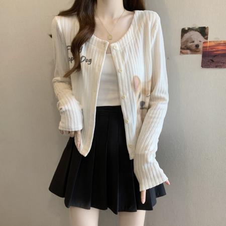 新款大码胖m小狗印花气质甜美针织开衫百搭显瘦上衣外塔  服裝批發女裝批發服飾貨源