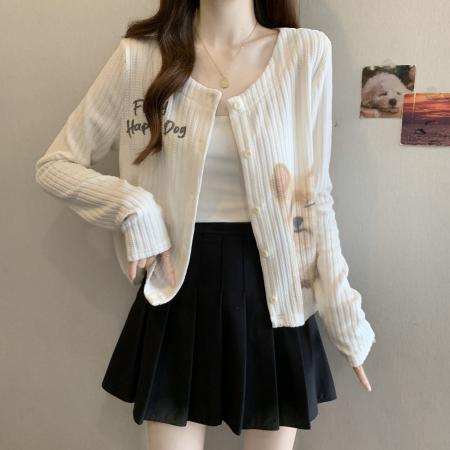 新款大码胖m小狗印花气质甜美针织开衫百搭显瘦上衣外塔  服裝批發女裝批發服飾貨源