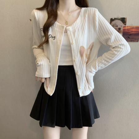 新款大码胖m小狗印花气质甜美针织开衫百搭显瘦上衣外塔  服裝批發女裝批發服飾貨源