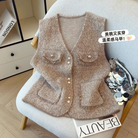 V领小香风针织马甲女春季时髦洋气高级感坎肩马夹上衣  服裝批發女裝批發服飾貨源