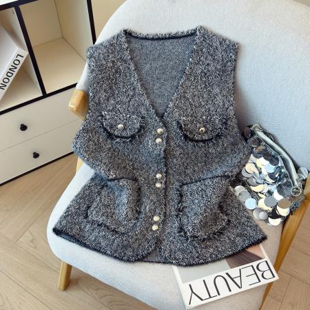 V领小香风针织马甲女春季时髦洋气高级感坎肩马夹上衣  服裝批發女裝批發服飾貨源