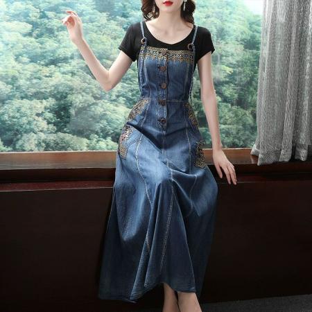 夏季新款牛仔吊带长裙到脚踝背带裙刺绣民族风显瘦长款连衣裙  服裝批發女裝批發服飾貨源