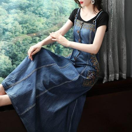 夏季新款牛仔吊带长裙到脚踝背带裙刺绣民族风显瘦长款连衣裙  服裝批發女裝批發服飾貨源