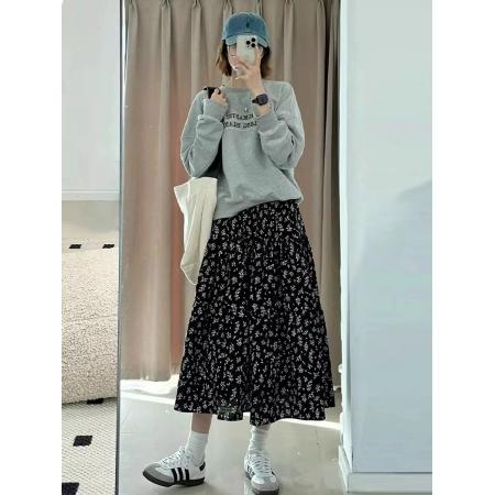 春季搭配一整套大码胖mm黑色碎花半身裙子时尚气质减龄两件套装女  服裝批發女裝批發服飾貨源