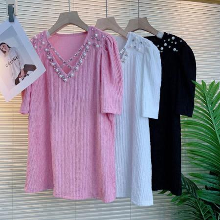 胖MM300斤大码宽松重工钉珠V领显瘦遮肉减龄中长款打底短袖上衣女  服裝批發女裝批發服飾貨源