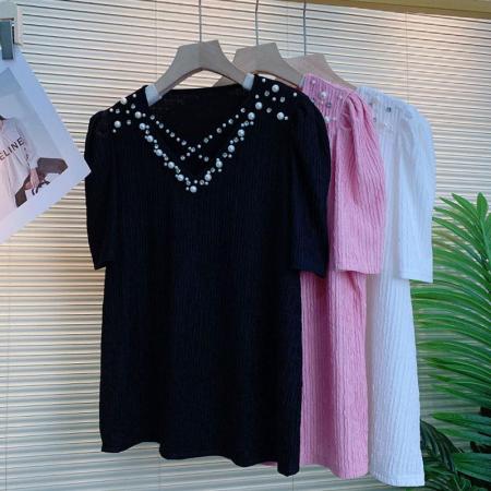胖MM300斤大码宽松重工钉珠V领显瘦遮肉减龄中长款打底短袖上衣女  服裝批發女裝批發服飾貨源