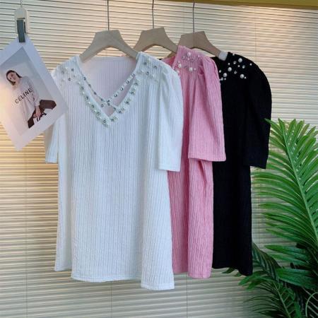 胖MM300斤大码宽松重工钉珠V领显瘦遮肉减龄中长款打底短袖上衣女  服裝批發女裝批發服飾貨源