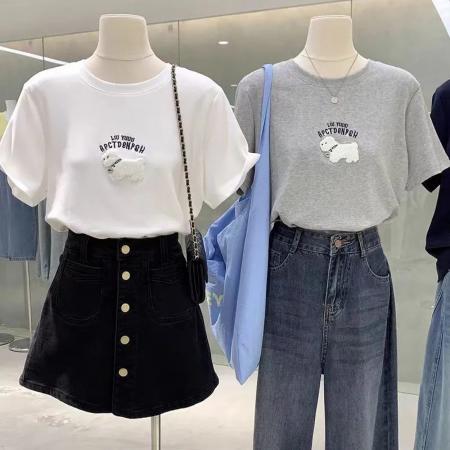 纯棉欧韩时尚设计毛绒刺绣短袖T恤女夏季新款上衣女  服裝批發女裝批發服飾貨源
