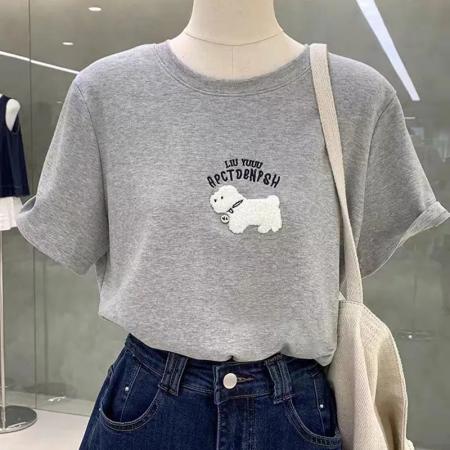 纯棉欧韩时尚设计毛绒刺绣短袖T恤女夏季新款上衣女  服裝批發女裝批發服飾貨源