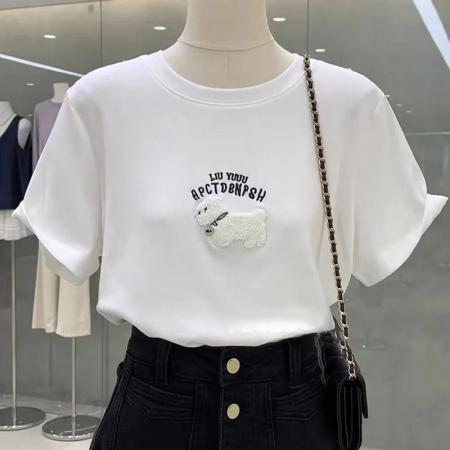 纯棉欧韩时尚设计毛绒刺绣短袖T恤女夏季新款上衣女  服裝批發女裝批發服飾貨源