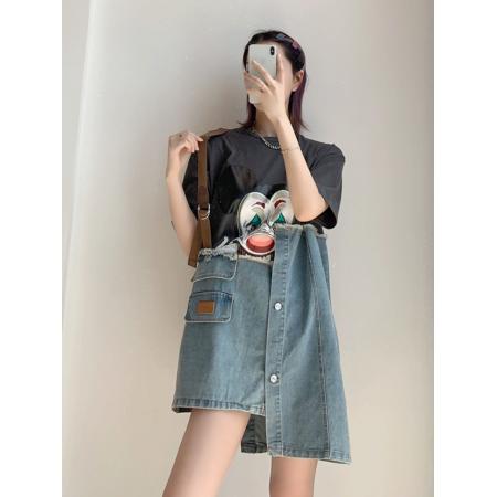 纯棉特大码300斤牛仔拼接纯棉短袖t恤女  服裝批發女裝批發服飾貨源